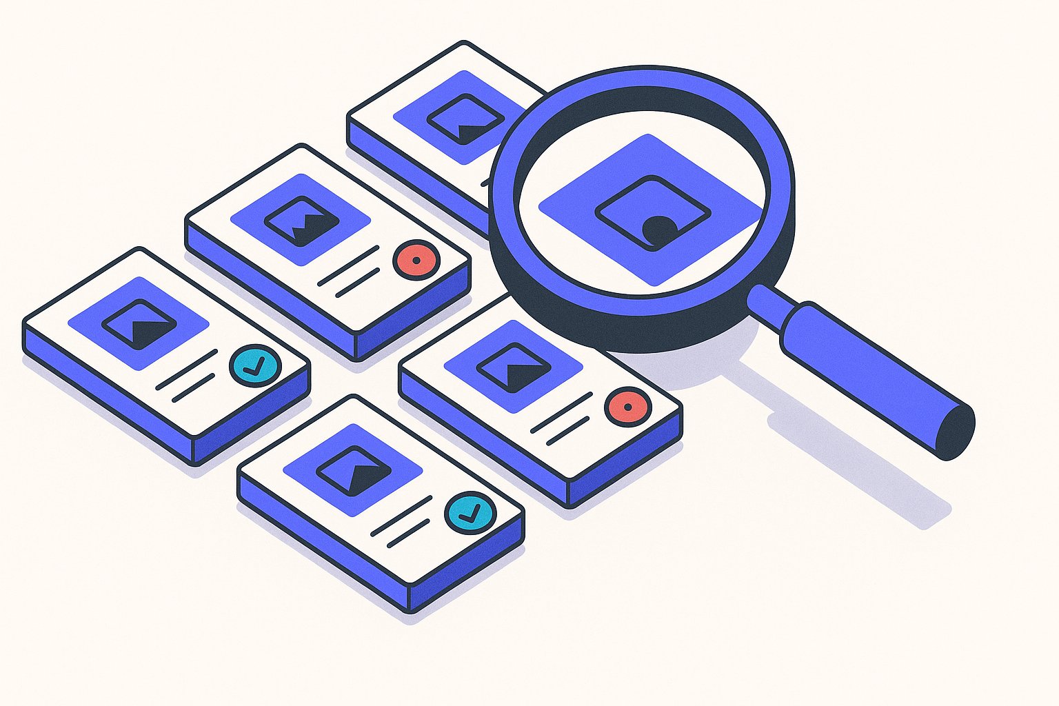 Isometric magnifying glass over a grid of product cards with red and green status dots, diagnosing Google Shopping feed issues