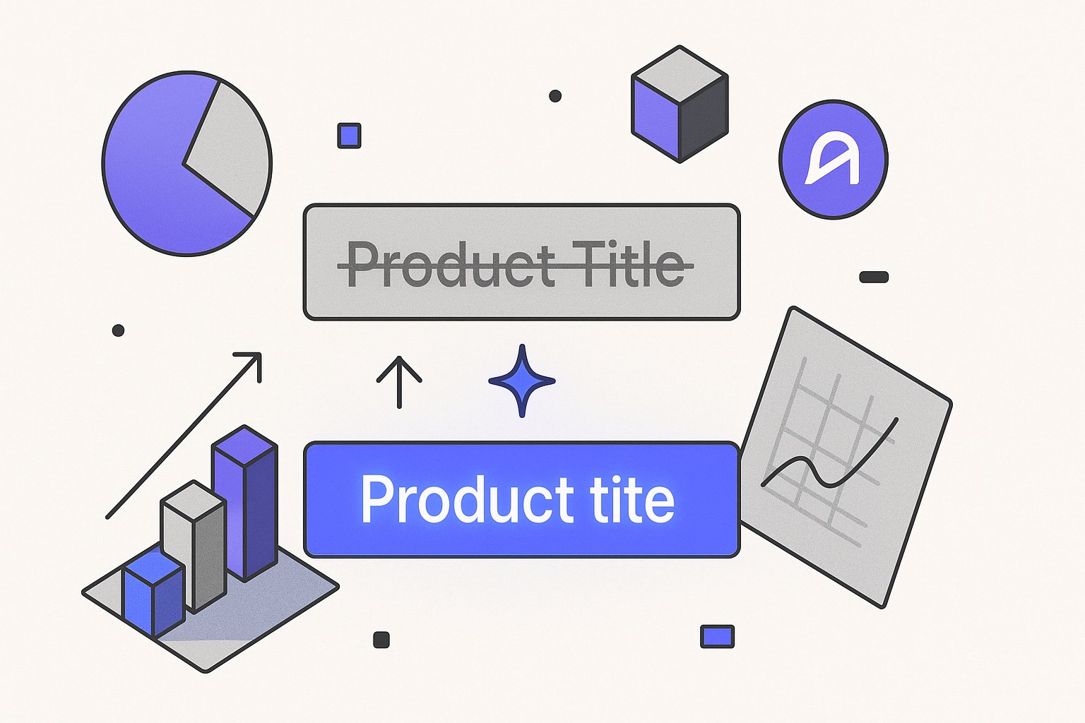 Two stacked product title lines showing a before-and-after AI rewrite, with an upward arrow and sparkle motif indicating CTR lift