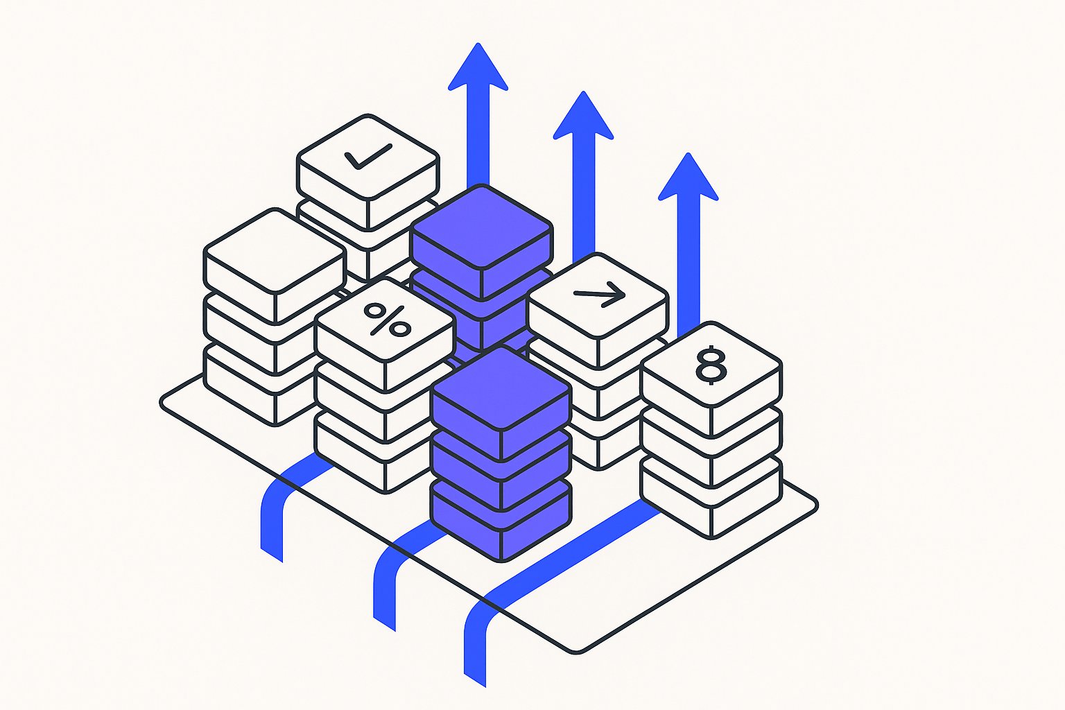 A tiered isometric grid of product squares segmented into stacked layers labeled with symbolic markers — ✓, %, →, and dollar digit "8" — wit