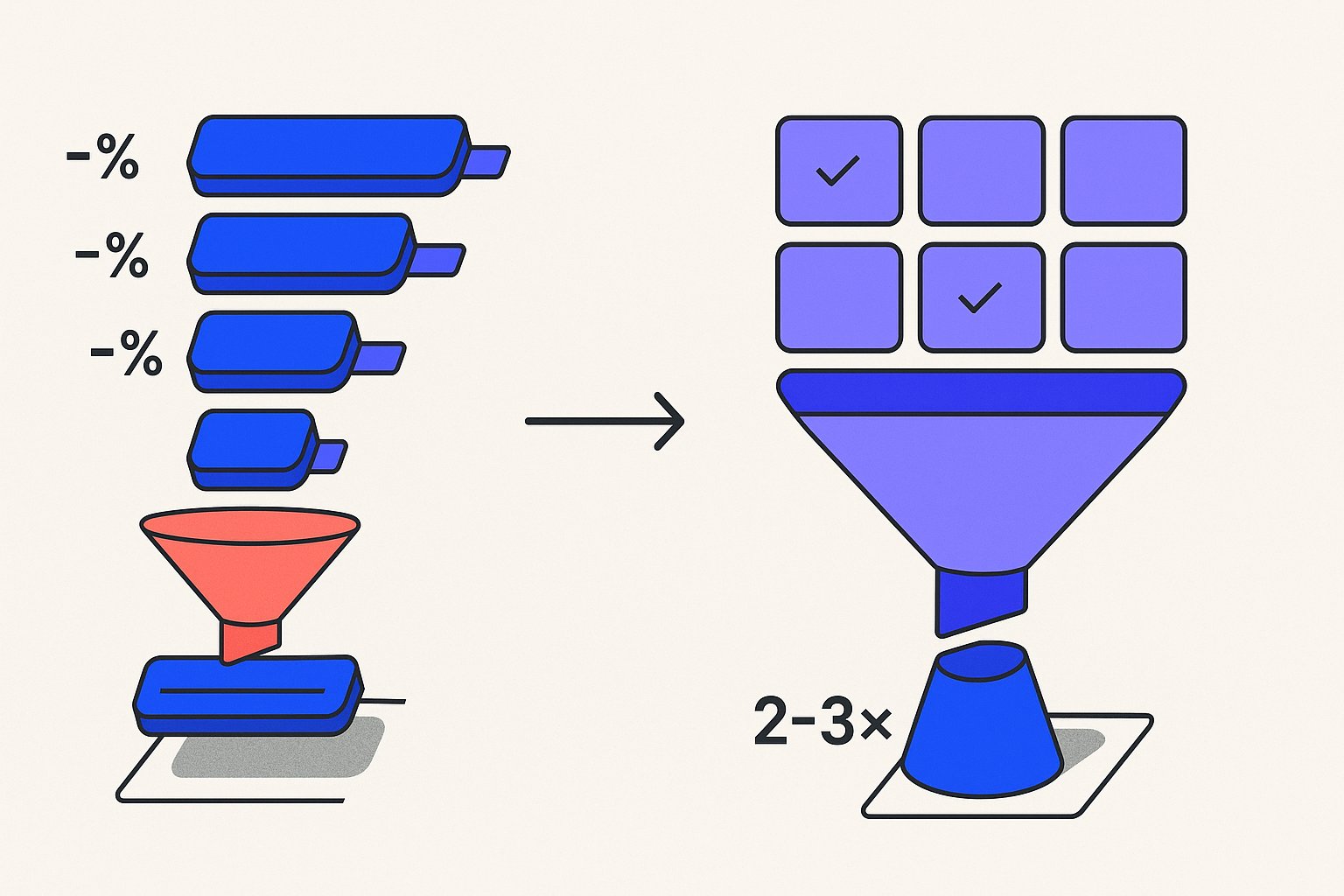 A split isometric diagram showing two vertical columns — the left a single tall bar labeled with a "%" symbol fractured by overlapping diagonal slash-arrows (representing stacked bid modifiers collapsing inward), the right a clean tiered stack of three segmented rectangular blocks in electric blue, violet, and charcoal connected by a downward-pointing arrow to a small "2×" numeral — with a bold "✓" beside the right column and a muted "✗" beside the left.