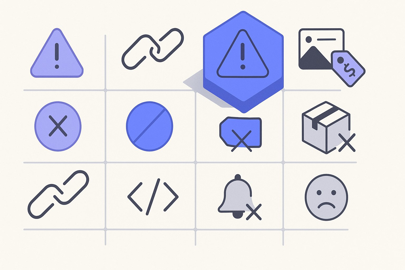 Grid of twelve vector error icons representing Google Merchant Center issues, with one tile highlighted in electric blue