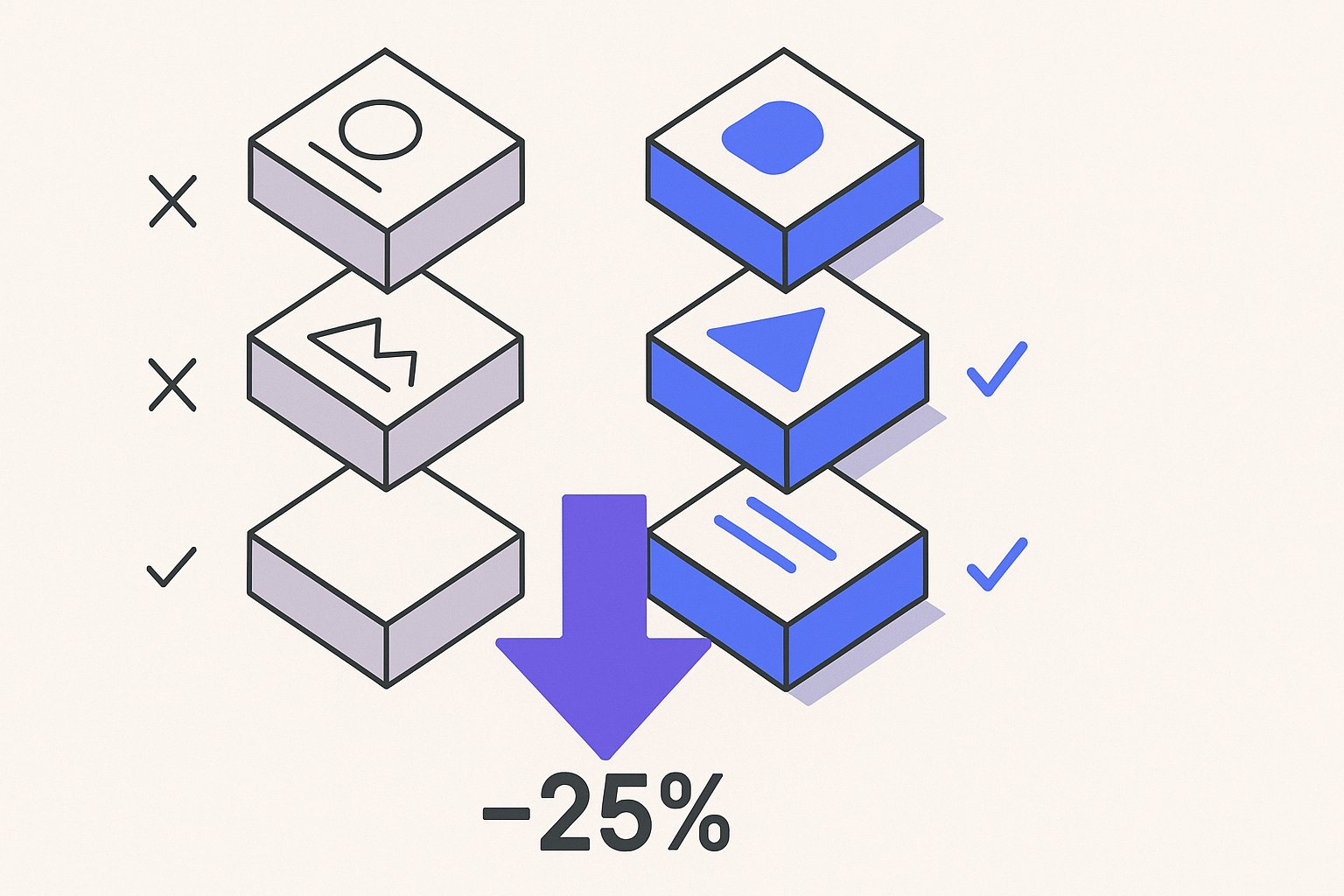 Een isometrisch productcatalogusraster van geometrische tegelkaarten in een 4×3 matrix, met een vetgedrukte neerwaartse CPA-lijnpijl in elektrisch blauw die diagonaal door het raster snijdt, en een „−25%” badge in houtskoolgrijs verankerd bij het eindpunt van de pijl, terwijl violette vinkjes en ✗ symbolen afzonderlijke tegels markeren om attributen slagen/mislukken status aan te geven.
