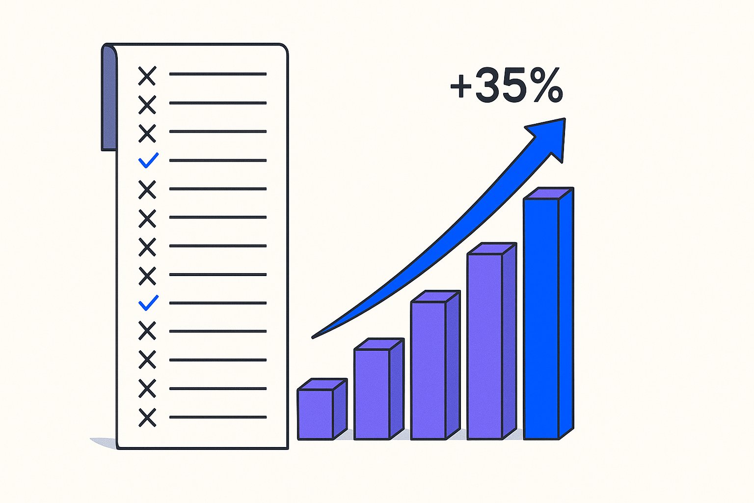 Uma coluna de checklist vertical com 23 linhas numeradas divididas em duas zonas — marcas de verificação em azul elétrico (✓) nas linhas superiores desaparecendo em marcas ✗ em cinza carvão abaixo — com uma seta violeta em negrito inclinada para cima ao lado de uma barra simples subindo da zona ✗ em direção a um bloco de dígitos destacado “ROAS +35%” no canto superior direito.