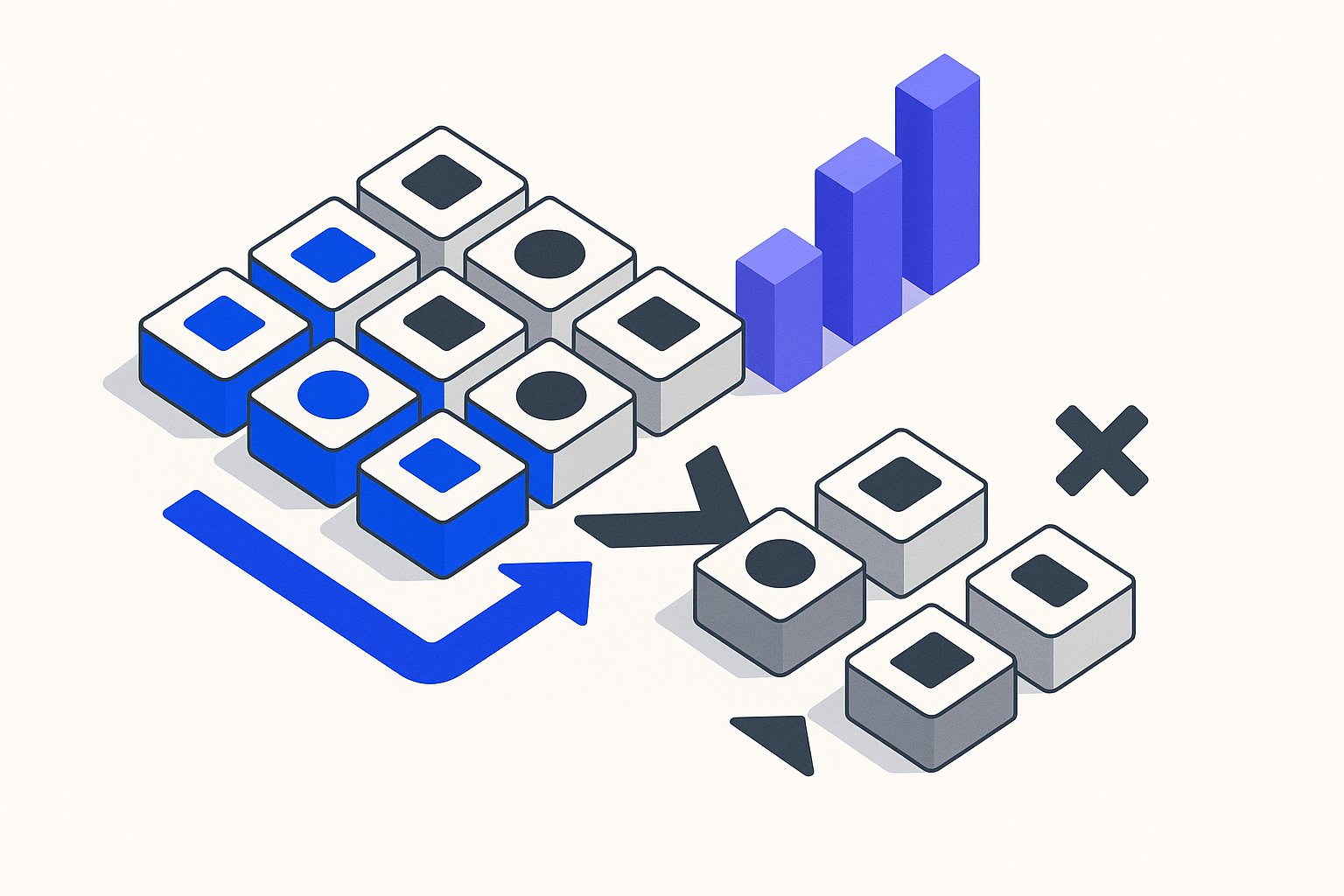 A product catalog grid of isometric tiles splits into distinct clusters — a large electric blue group of high-margin SKUs branching left via bold arrows, a small charcoal cluster of low-velocity items branching right toward a ✗, with a violet budget-flow bar chart rising steeply above the blue cluster.