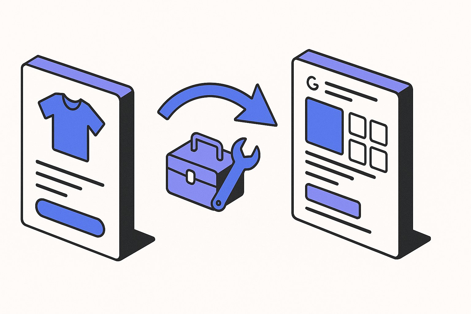 Isometric Shopify product card connected by an arrow to a Google Shopping product card, with a toolbox icon between them
