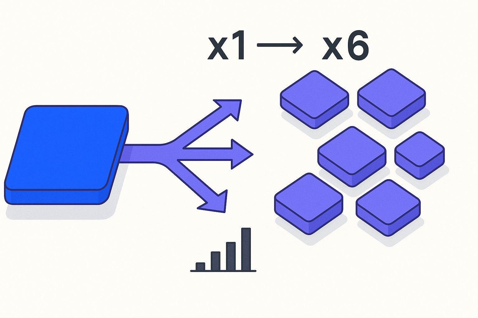 A single electric-blue product tile on the left splits via branching violet arrows into a 3×2 isometric grid of smaller variant tiles on the right, with a bold "×1 → ×6" charcoal label rendered as a geometric counter above the grid, and a small bar chart beneath showing impression share rising steeply from the consolidated single tile side to the expanded variant side.