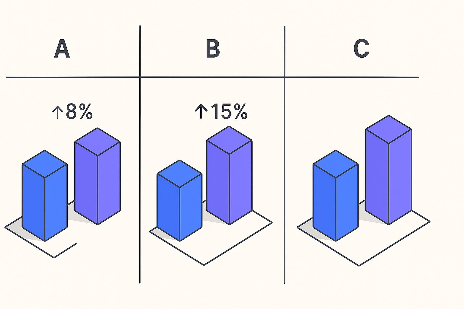 Eine vertikale Aufteilung von drei gleich großen isometrischen Spalten mit den Beschriftungen A, B, C in Anthrazit, jede mit einem miniaturisierten Balkendiagramm in Elektroblau und Violett sowie einem schwebenden Prozentdelta-Pfeil (↑8% → ↑15%) über der erfolgreichsten Spalte auf cremefarbenem Hintergrund.