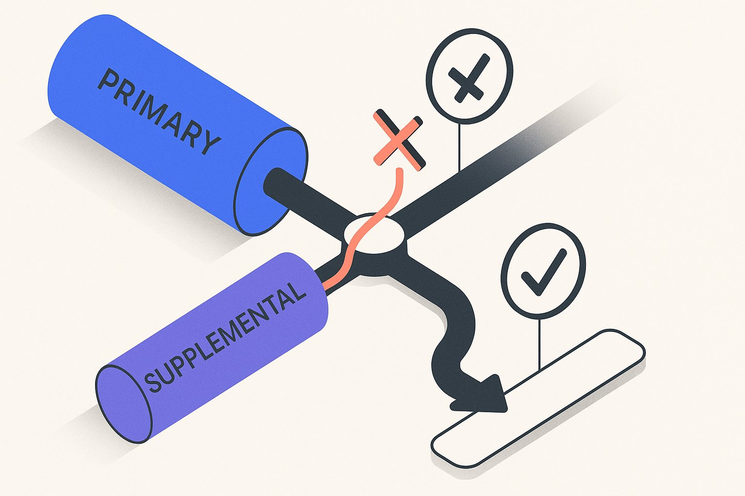 Un rectángulo azul eléctrico grande etiquetado «PRINCIPAL» alimenta un rectángulo violeta más pequeño etiquetado «COMPLEMENTARIA» mediante una flecha gruesa, mientras una marca de verificación ✓ aparece sobre un bloque de atributo duplicado conflictivo, y una ✗ marca una celda vacía parcheada correctamente debajo.