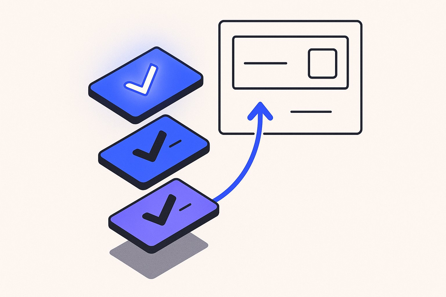 Una pila vertical de tres tiras de tarjetas de viñetas isométricas en azul eléctrico y violeta, cada tira con una marca de verificación en negrita (✓) y una barra horizontal corta que representa una línea de destacado, con la tarjeta superior elevada y brillante, conectada por una flecha violeta hacia arriba a un esquema de panel rectangular flotante que representa la tarjeta de conocimiento del panel lateral de Shopping.