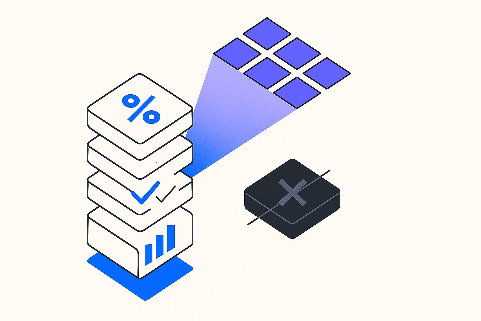 A product data feed represented as a vertical stack of isometric tiles—each tile holding a geometric icon for price (a % symbol), availability (a ✓ or ✗), and specs (a bar chart)—with an electric blue spotlight beam rising from the top tile toward a floating violet panel grid, while a charcoal competitor tile sits dark and crossed-out beside it.